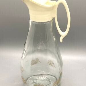 Vintage Log Cabin Eagle Syrup Glass Jar With Plastic Lid Retro Patriotic Pitcher